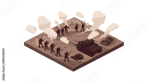 Isometric battlefield scene with soldiers and tank in combat action