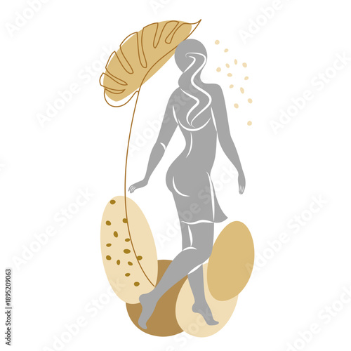 Silhouette of a cute lady and leaves of a plant. The girl is standing. The woman has a beautiful figure. She is young and slim. Vector illustration.
