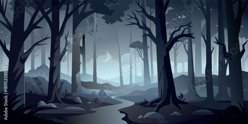 Atmospheric Vector Illustration of a Dark Misty Forest with Moon and Stream