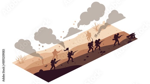 Silhouette soldiers advancing in desert battlefield with smoke and artillery