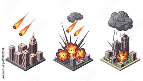 Isometric city under meteor attack with explosions and smoke clouds