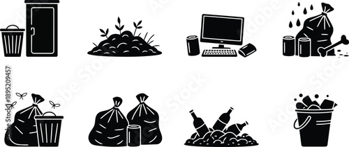Collection of black silhouettes depicting various waste types including household garbage, e waste, and organic refuse