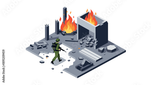 Isometric soldier walking through urban ruins with flames and debris