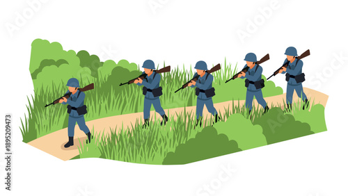 Isometric soldiers marching in military formation through lush greenery