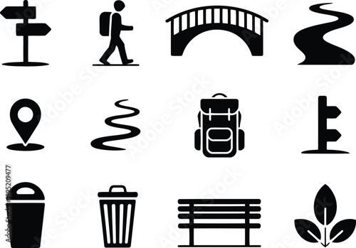Collection of simple black vector icons representing outdoor recreation and park elements on a white background