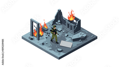 Isometric war zone with soldier and burning buildings on rubble