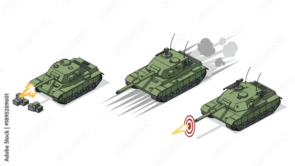 Fototapeta premium Isometric military tanks in motion with firing action and smoke effects