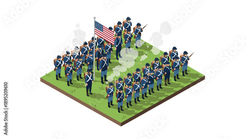 Isometric scene of historical american soldiers in formation with flag