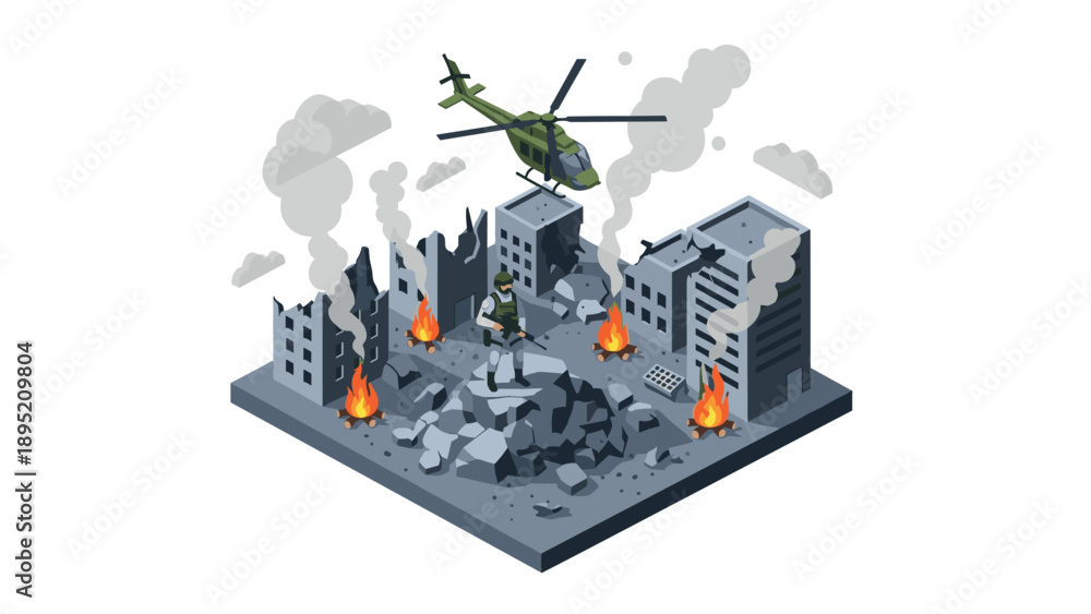 Fototapeta premium Isometric urban warfare scene with helicopter and soldier amidst burning ruins