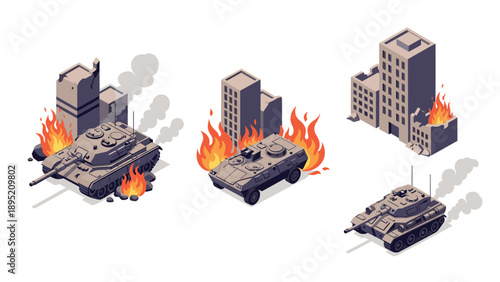 Isometric military tanks amidst urban warfare scene with burning buildings