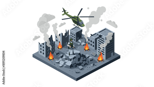 Isometric urban warfare scene with helicopter and soldier amidst burning ruins