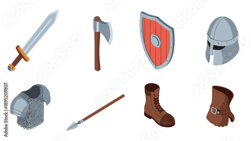 Medieval weaponry and armor set featuring swords, axes, shields, and helmets in isometric style