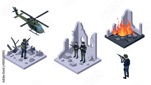 Isometric military scene with soldiers, helicopter, and ruined building elements