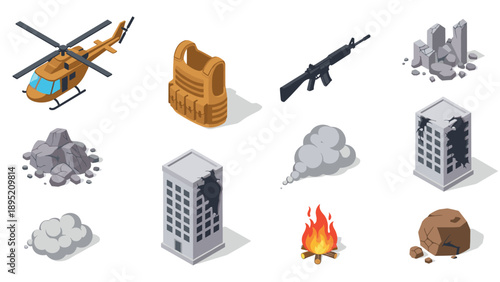Isometric military icons set: helicopter, armor, rifle, ruins, smoke, and fire