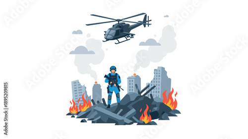 Soldier and helicopter amidst urban destruction with smoke and flames