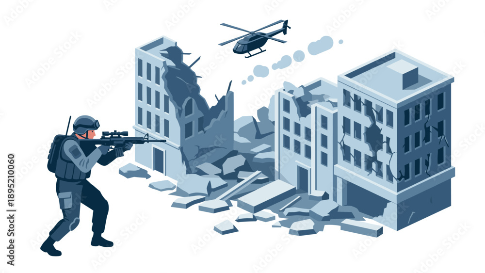 Fototapeta premium Urban warfare scene with soldier and helicopter amid ruined buildings