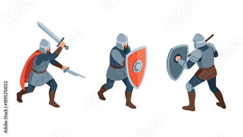 Medieval knights in battle poses with swords and shields in isometric style