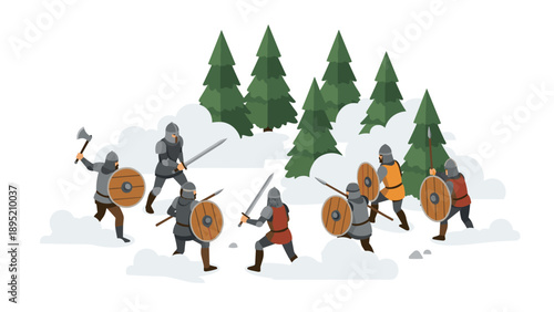 Medieval battle scene in snowy forest with knights and vikings