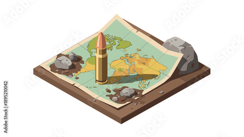 Isometric map with bullet symbolizing global conflict and peace themes