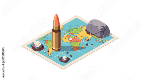 Isometric world map with bullet and rocks highlighting conflict zones