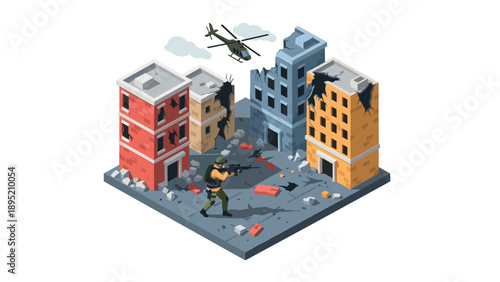 Urban warfare scene with soldier and helicopter in abandoned cityscape