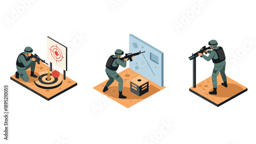 Isometric shooting range training with armed soldiers in action
