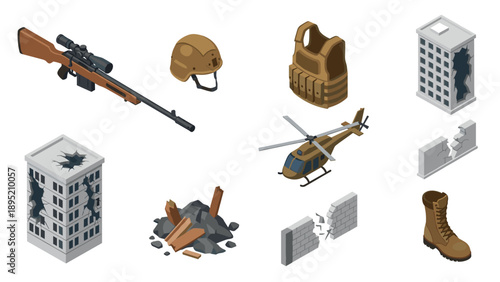 Isometric military equipment and damaged buildings depicting urban warfare scene