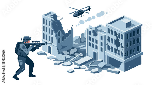 Urban warfare scene with soldier and helicopter amid ruined buildings