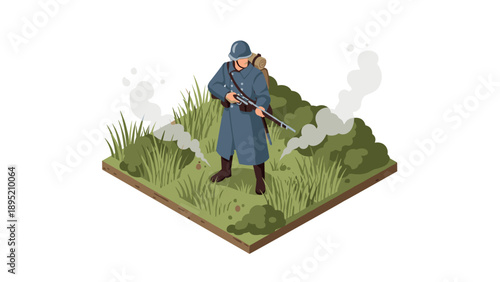 Isometric scene of historical soldier in blue uniform with rifle in grass field