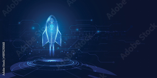 Digital rocket launch with glowing wireframe design, circuit patterns, and deep blue tech background—symbolizing innovation, startup growth, and digital transformation.