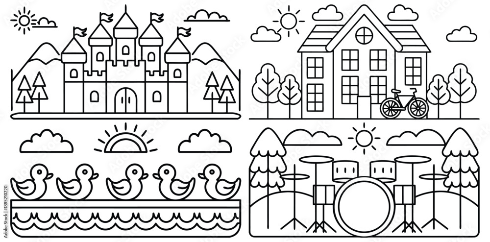 Fototapeta premium Charming Cityscape And Countryside Linear Icons Set For Design