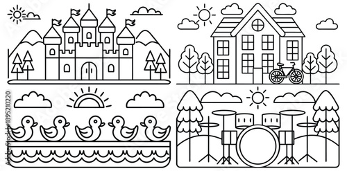 Charming Cityscape And Countryside Linear Icons Set For Design