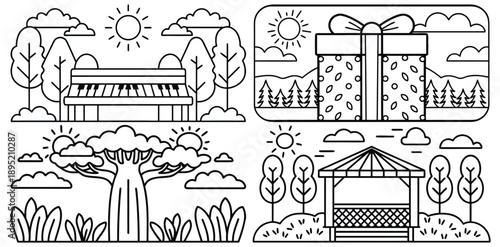 Landscapes Collection Featuring Gazebo, Trees, Waterfall, And Building