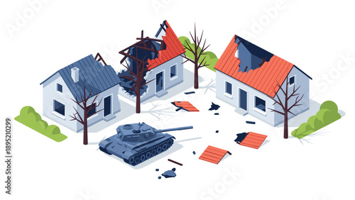Isometric scene of war-torn village with destroyed buildings and tank