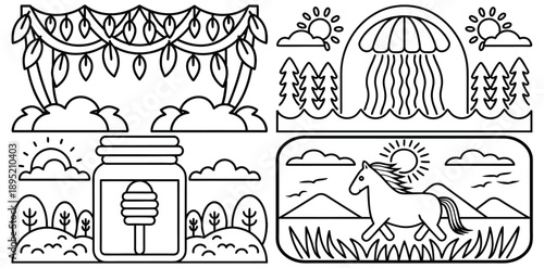 Charming Doodle Set Featuring Forest, Jellyfish, Honey And Unicorn