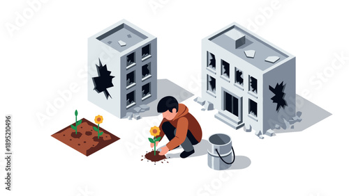 Rebuilding hope: planting flowers amidst urban ruins in isometric style