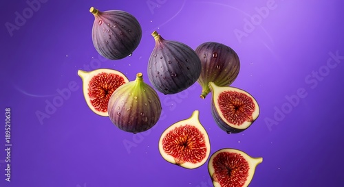 Wallpaper Mural Ripe figs with water droplets splash and cut in half fall on purple background. Torontodigital.ca