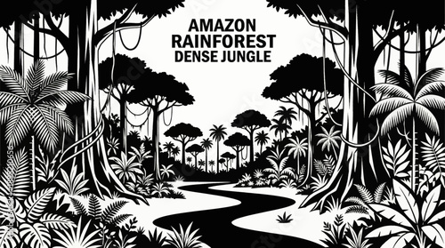 Amazon rainforest featuring dense tropical vegetation, giant canopy trees, vines, palms, and diverse jungle plant species representing South American ecosystems detailed black and white vector