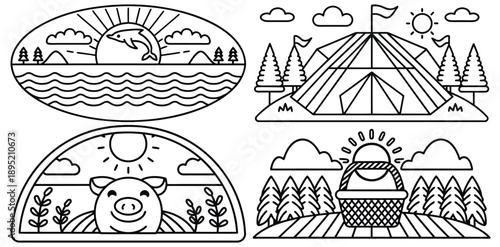 Cute Animal Camping Scene Collection For Kids Coloring Book