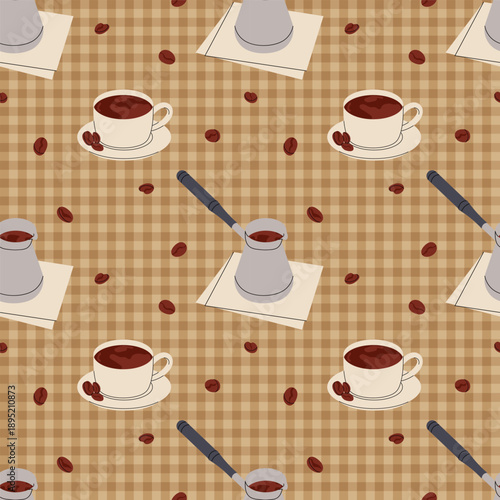 Seamless coffee pattern with cups, coffee beans and cezve pot on brown checkered background. Repeating illustration for fabric, tablecloths, packaging, textile design, cafe branding.