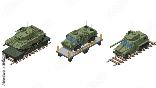 Isometric military vehicles on train carriages: tanks and armored transport on rails