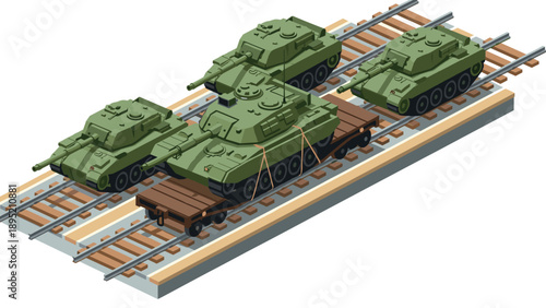 Isometric military tanks on railroad transport for logistics and defense strategy concepts