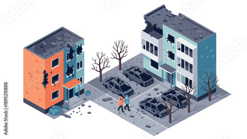 Isometric urban earthquake scene with damaged buildings and cars