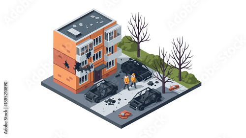 Isometric urban scene with building damage and debris in city environment