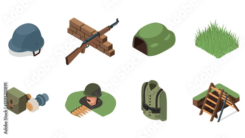 Isometric military equipment set: helmets, weapons, and uniforms for defense and strategy