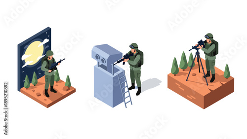 Isometric military operation with soldiers and surveillance equipment