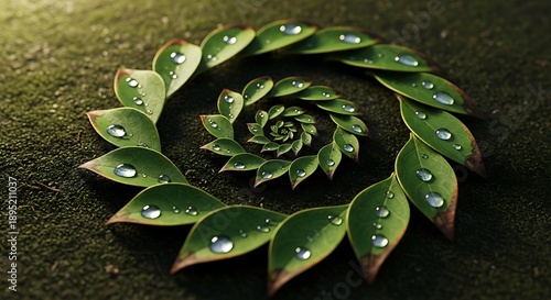 Wallpaper Mural Green leaves with water droplets form a spiral pattern on textured ground. Torontodigital.ca