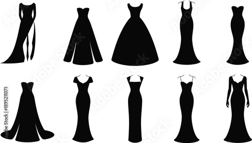 Elegant black dress silhouette set featuring ten formal and casual fashion styles displayed on white background for design use