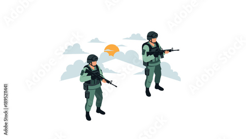 Isometric soldiers with rifles in tactical gear in cloudy sky background