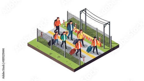 Isometric people crossing border on path with luggage and fenced barriers